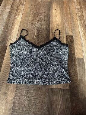 Black and White Leopard Lace Trim Cami Top